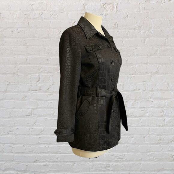 Bisou Bisou Croc Print Belted Jacket Brown/Black Faux Leather Look Trench Size L - Picture 4 of 13
